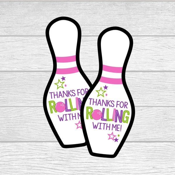 Printable Bowling Pin Party Favor Tags.  Instant Digital Download Files. Thanks For Rolling With Me Bowling Party Favor Tags.