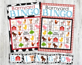 Boerenerf Bingo! Afdrukbaar bingospel voor boerderijdieren. Bingoset met 12 kaarten. Direct digitaal downloaden. Perfect voor een boerderijfeest of boerderijlesplan