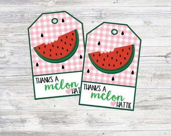 Puede incluir: Dos etiquetas de favor de sandía en gingham rosa y blanco con el texto "Gracias por un melón" y un corazón rosa con el nombre "Hattie" en cada etiqueta.