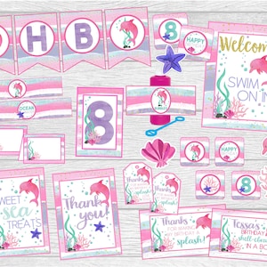 Emballage de décoration imprimable pour la fête des dauphins. Décoration de fête d'anniversaire dauphin rose. Téléchargement numérique instantané Bannière, étiquettes de faveur et plus encore !