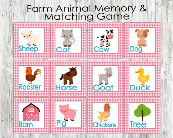 Pink Farm Animal Matching And Memory Game Printable Game For Etsy India