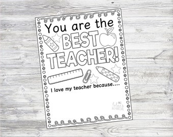 Printable Teacher Appreciation Coloring Page. Instant Digital Download Files. Best Teacher Note.