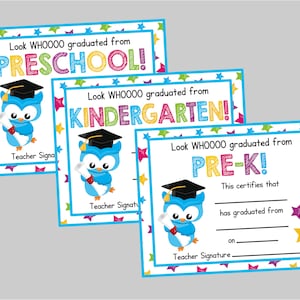 Vorschul-, Pre-K- & Kindergarten-Abschluss-Zertifikate. Druckbare sofortige digitale Download. Eulen-Urkunde für den Kinder-Abschluss.