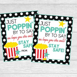 Printable Popcorn Tag for Social Distancing. Just Poppin&#39; By Popcorn Cards for Quarantine Gifts. Instant Digital Download.