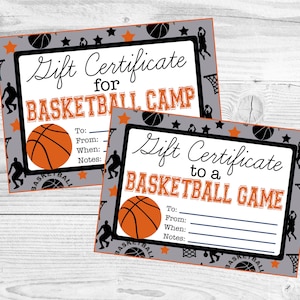 Chèque-cadeau à imprimer pour un match de basket-ball ou un camp de basket-ball. Téléchargement numérique instantané.
