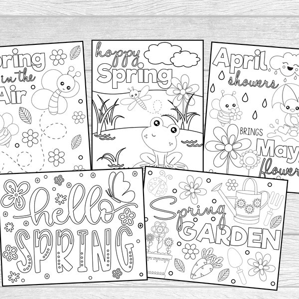 5 Printable Spring Coloring Pages For Kids Or Adults! Instant Digital Download. First Day of Spring, Spring Garden, Hoppy Spring Coloring.
