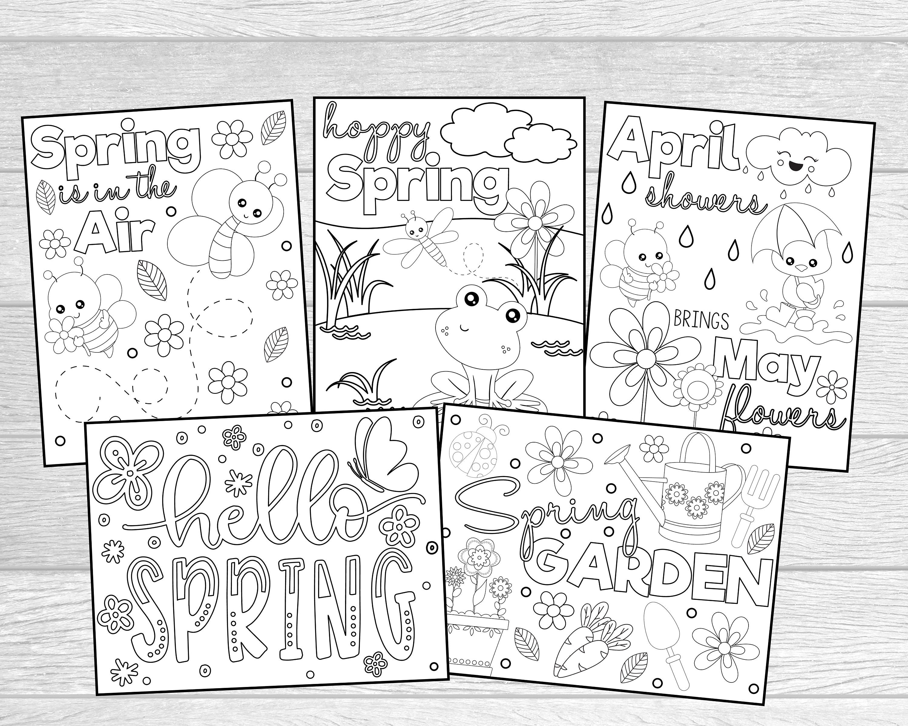 5 Printable Spring Coloring Pages for Kids or Adults Instant Digital