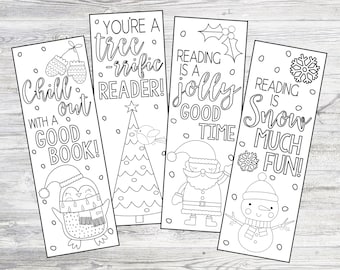 Printable Color Your Own Christmas Winter Bookmarks. Instant Digital Download DIY Coloring Bookmarks. Santa Snowman Penguin Tree Bookmarks