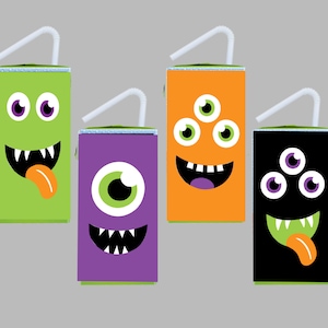 Halloween Monster Juice Box Wrappers. Instant Digital Download. 4 Color Choices. Perfect for Halloween Monster Bash, Class Party. Printable