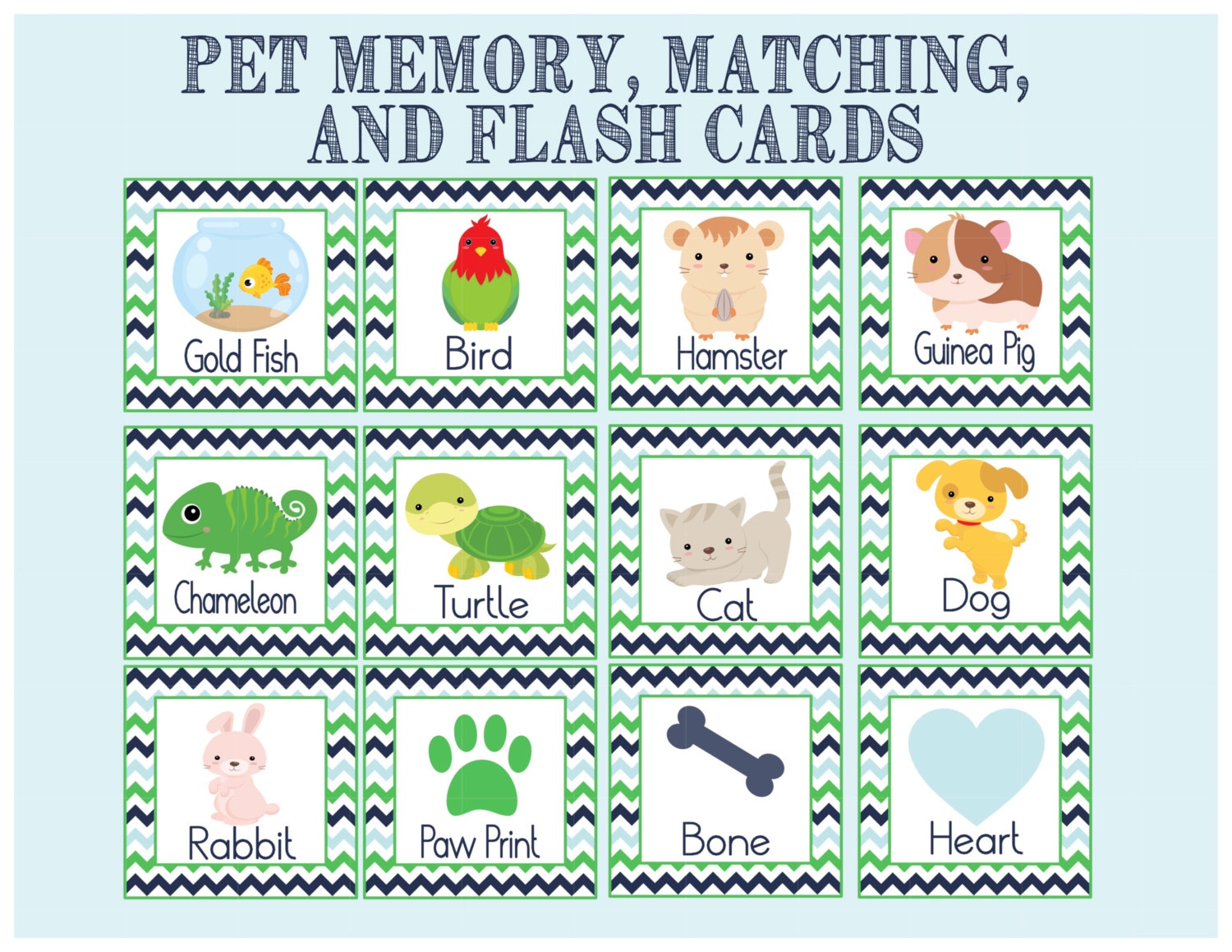 Pet Memory Game, Matching Game, Flash Cards. Instant Digital Downloas