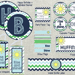 Rise and Shine Birthday Party Package. Digital Party Package. Rise and Shine It&#39;s Party Time. Blue and Green Preppy Party Pack.