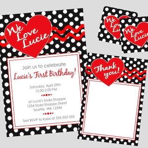 Retro 50&#39;s Polka Dot Invitation. Black, White & Red Polka Dot Invitation. Great for Birthday, Baby Shower, Bridal Shower, Retirement Party