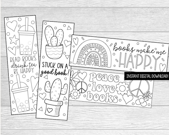 Printable Color Your Own Tween/Teen Bookmarks. Instant Digital Download. 4  DIY Coloring Bookmarks- Boba, Cactus, Rainbow, and Peace