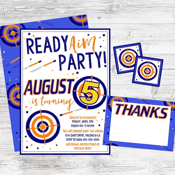 Dart Tag Birthday Party Invitation. Ready Aim Party! Personalized Printable Birthday Invitation.