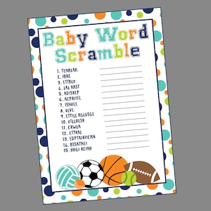 Baby Word Scramble All-Star Sports Baby Shower Game. Instant Digital Download