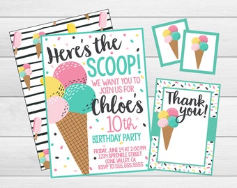 Uitnodiging voor het verjaardagsfeestje van het ijs. Dit is de gepersonaliseerde afdrukbare SCOOP-uitnodiging. Uitnodiging voor Ice Cream Party, Ice Cream Social