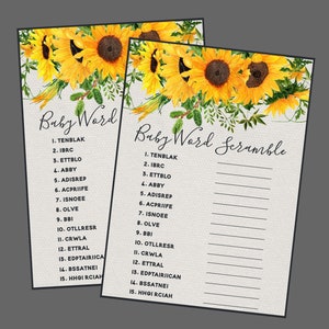 Word Scramble For Sunflower Baby Shower. Instant Digital Download. Printable Sunflower Baby Shower Game.