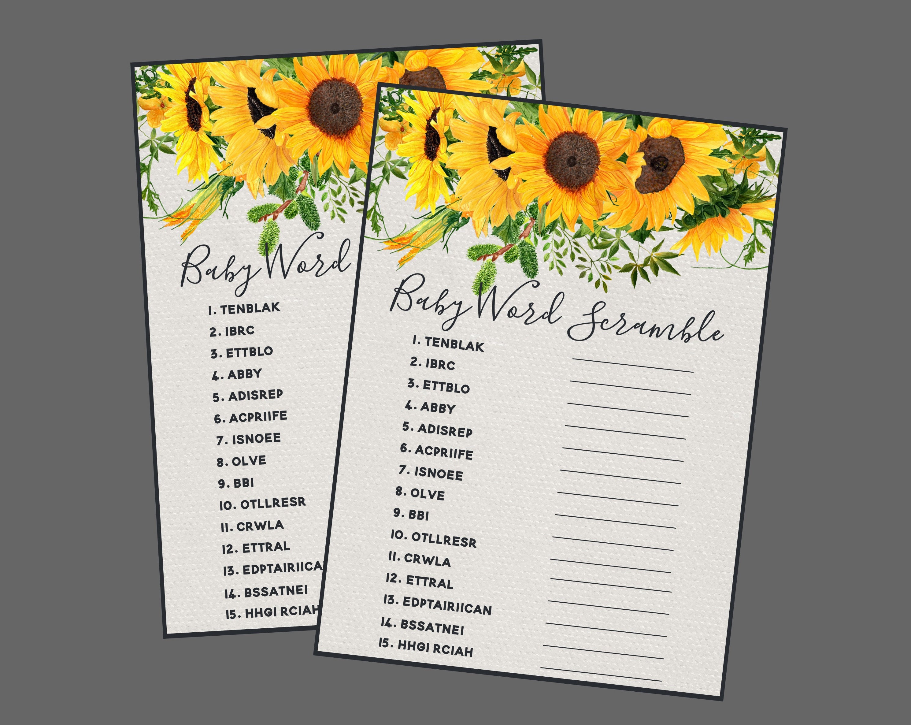 Matching Sunflower Baby Shower Invitation Instant Download Set of 6 Printable Baby Shower Games INSTANT DOWNLOAD