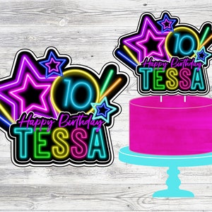 Printable Neon Glow Party Cake Topper. Personalized Cake Topper for Neon, Glow In The Dark Party.  Digital File- Nothing Physical Sent.