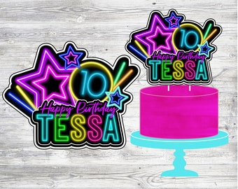 Printable Neon Glow Party Cake Topper. Personalized Cake Topper for Neon, Glow In The Dark Party.  Digital File- Nothing Physical Sent.