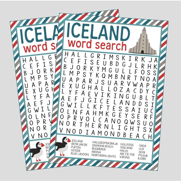Printable Iceland Word Search. Word Search for Iceland Party, Travel, Trip Game, or Lesson Plan. Instant Digital Download Files.