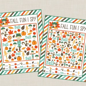 Könnte beinhalten: Zwei druckbare "Fall Fun I Spy" Spielblätter mit weißem Hintergrund und einem bunten gestreiften Rand. Die Blätter zeigen eine Vielzahl von Herbstmotiven, darunter Kürbisse, Eicheln, Blätter, Eichhörnchen und einen Vogelscheuche. Der Text "Fall Fun I Spy" ist oben auf jedem Blatt gedruckt.