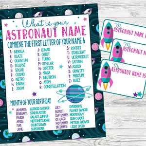 What Is Your Astronaut Name? Printable Sign & Name Tags for Space Party. Instant Digital Download. Pink, Girl Spacetacular Party Game