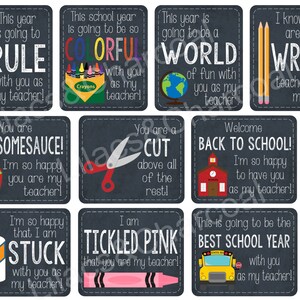 May include: Ten black and white teacher appreciation gift tags with colorful illustrations and text. The text includes phrases like "This year is going to rule", "You are awesome sauce", "I am tickled pink", and "Welcome back to school!"