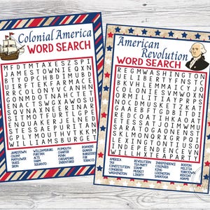 Printable Colonial America and American Revolution Word Searches. History, Social Studies Games. Instant Digital Download.