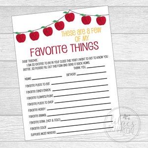 Back To School Teacher Questionnaire. Teacher&#39;s Favorite Things. Instant Digital Download.
