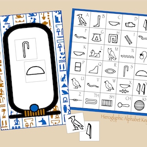 Attività dei geroglifici egiziani. incl. Cartigli stampabili, chiave geroglifica e geroglifici per messaggio segreto o nome Download digitale istantaneo