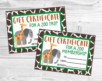 Certificat-cadeau imprimable pour un voyage au zoo ou une adhésion au zoo. Chèque-cadeau de visite du zoo. Téléchargement numérique instantané.