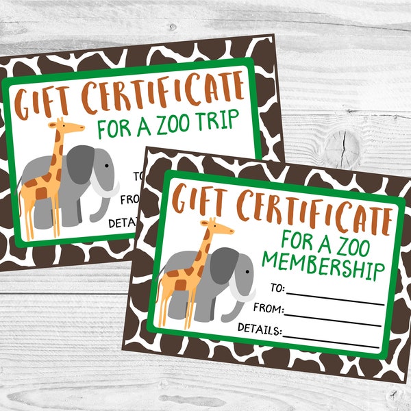 Printable Gift Certificate for a Zoo Trip or Zoo Membership. Zoo Visit Gift Certificate. Instant Digital Download.