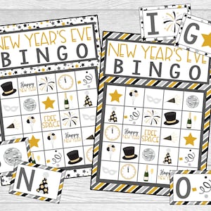 Gioco del Bingo stampabile per la notte di Capodanno. Set di 12 carte da bingo più biglietti da visita. Bingo di Capodanno. File di download digitale istantaneo.