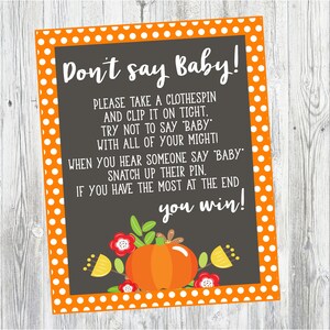 Little Pumpkin Don&#39;t Say Baby Sign for Baby Shower Game. Instant Digital Download. Fall Baby Shower, Pumpkin Baby Shower. Autumn Baby Shower