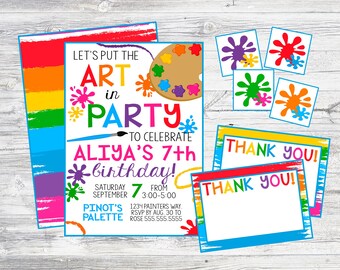 May include: A colorful invitation for an art-themed party to celebrate Aliya's 7th birthday. The invitation features a paint palette, paint splatters, and the text "Let's put the art in party to celebrate Aliya's 7th birthday!"  The invitation also includes the date, time, and location of the party.