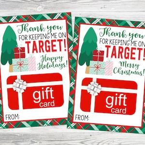 クリスマスやホリデーシーズンに使える「Thanks for Keep Me On Target」ギフトカードホルダーを印刷できます。デジタルファイルの即時ダウンロードも可能です。