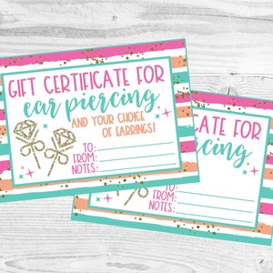 Certificado de regalo imprimible para perforación de orejas. Archivos de descarga digital instantánea.