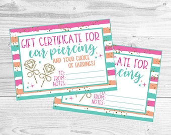 Printable Gift Certificate for Ear Piercing. Instant Digital Download Files.