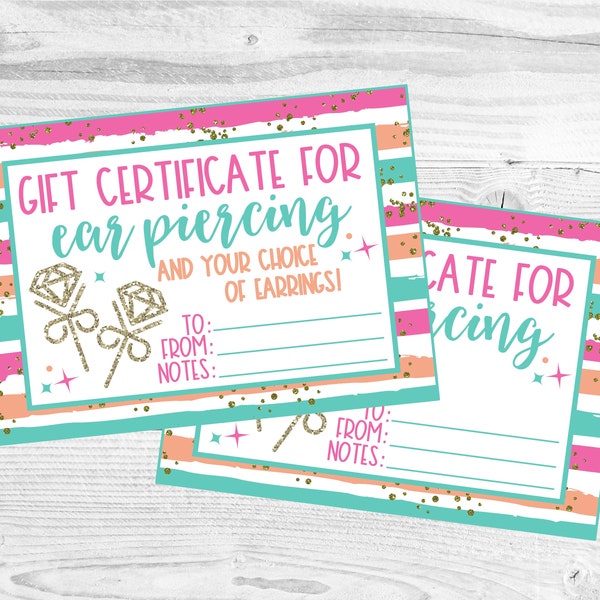 Printable Gift Certificate for Ear Piercing. Instant Digital Download Files.