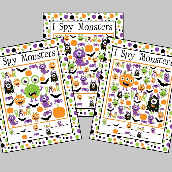 Monster Halloween I Spy Printable Games. 3 Different Games. Instant Digital Download. Class Halloween Games. I Spy Monsters