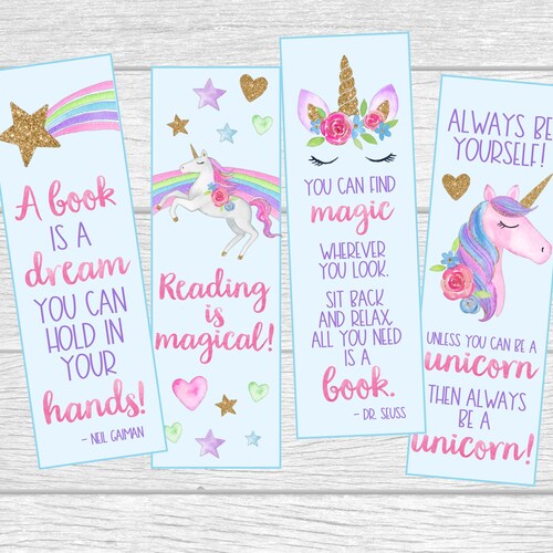 printable unicorn bookmarks instant digital download 4 etsy