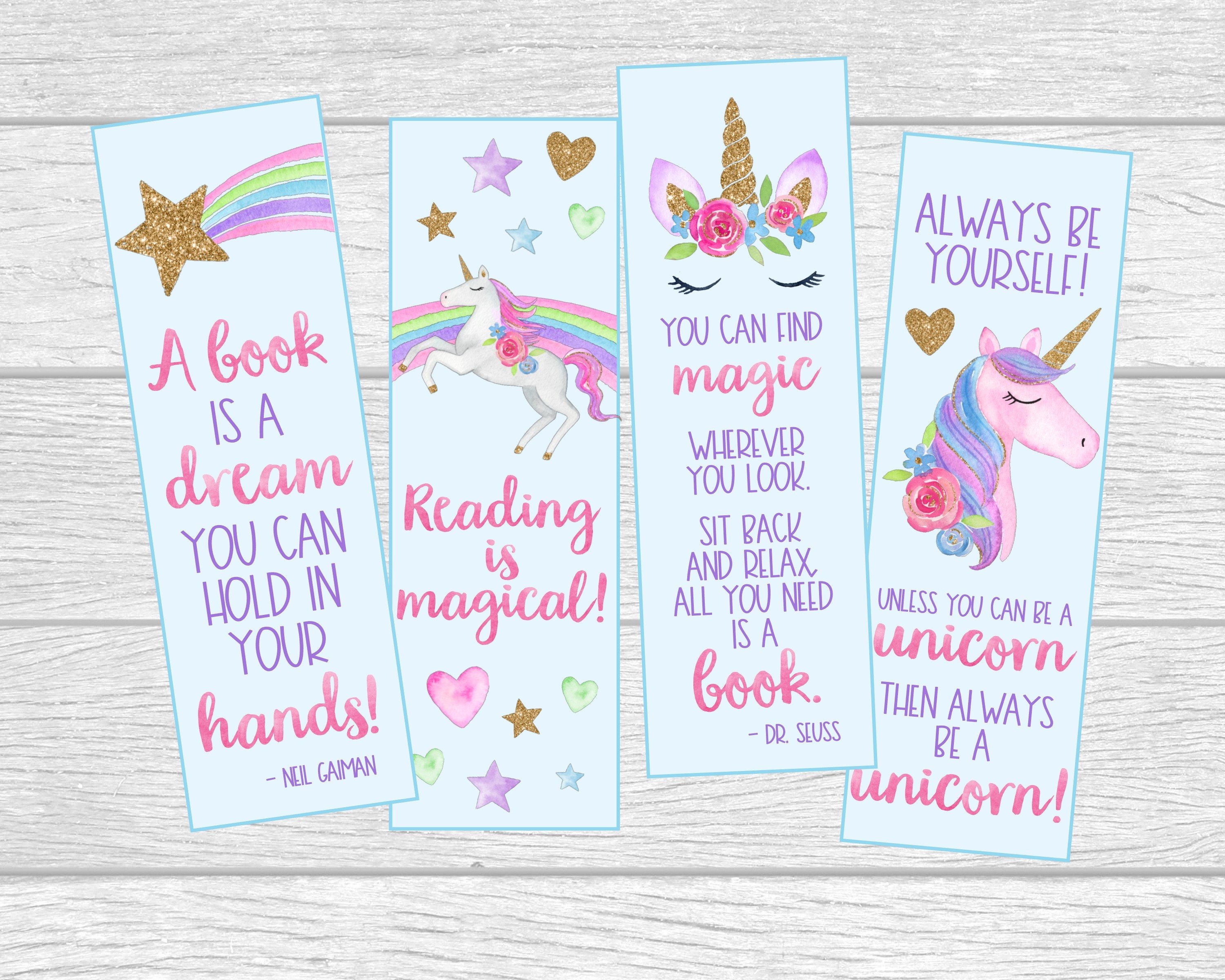 printable unicorn bookmarks instant digital download 4 etsy