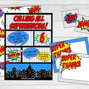 Convite para festa de aniversário de quadrinhos de super-heróis para impressão. Conjunto de convites de super-heróis personalizados/para impressão/digitais. Inclui cartões de agradecimento.