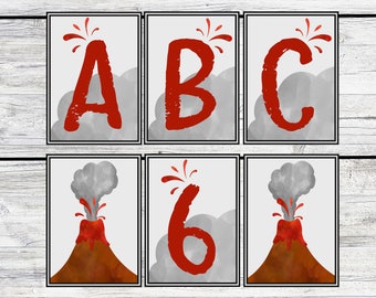 May include: Six printable cards featuring the letters A, B, C, and the number 6 in red against a gray background. Each card has a red volcano erupting with gray smoke.