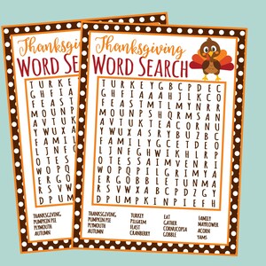 Könnte beinhalten: Zwei druckbare Thanksgiving-Wortsuchrätsel mit einer Illustration eines braunen und orangefarbenen Truthahns. Die Wortsuchrätsel befinden sich auf weißem Hintergrund mit braunen Punkten. Die zu findenden Wörter sind unter jedem Rätsel aufgelistet.