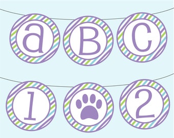 Full Alphabet Banner for Puppy Dog Party. Pawty Banner. Let's Pawty. Purple, Blue, and Green Banner Instant Digital Download Birthday Banner