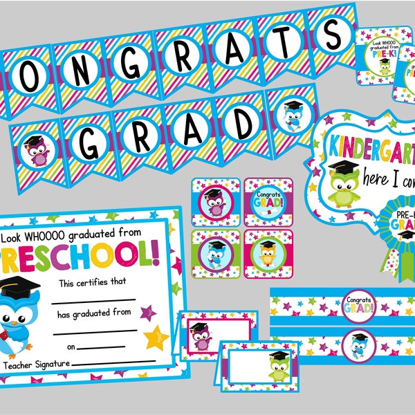 Preschool, Pre-K & Kindergarten Owl Graduation Party Decoration Package. Printable Party for Kids Graduation. Instant Digital Download.