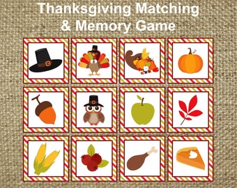 Thanksgiving Memory & Matching Game. Instant Digital Download. Preschool, Toddler, Kids Game. Printable Thanksgiving Game