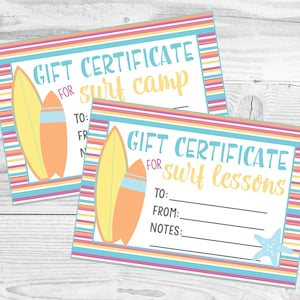 Chèque-cadeau à imprimer pour un cours de surf ou un camp de surf. Fichiers à téléchargement numérique instantané.